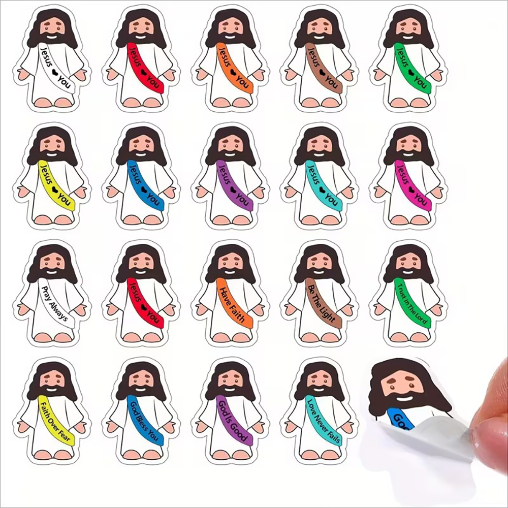 Custom Cartoon Little Jesus Stickers with Blessing(Set of 100pcs), Jesus Loves You Decals, Faith-based Labels for Gift Package, Gift for Mom/Her/Kids