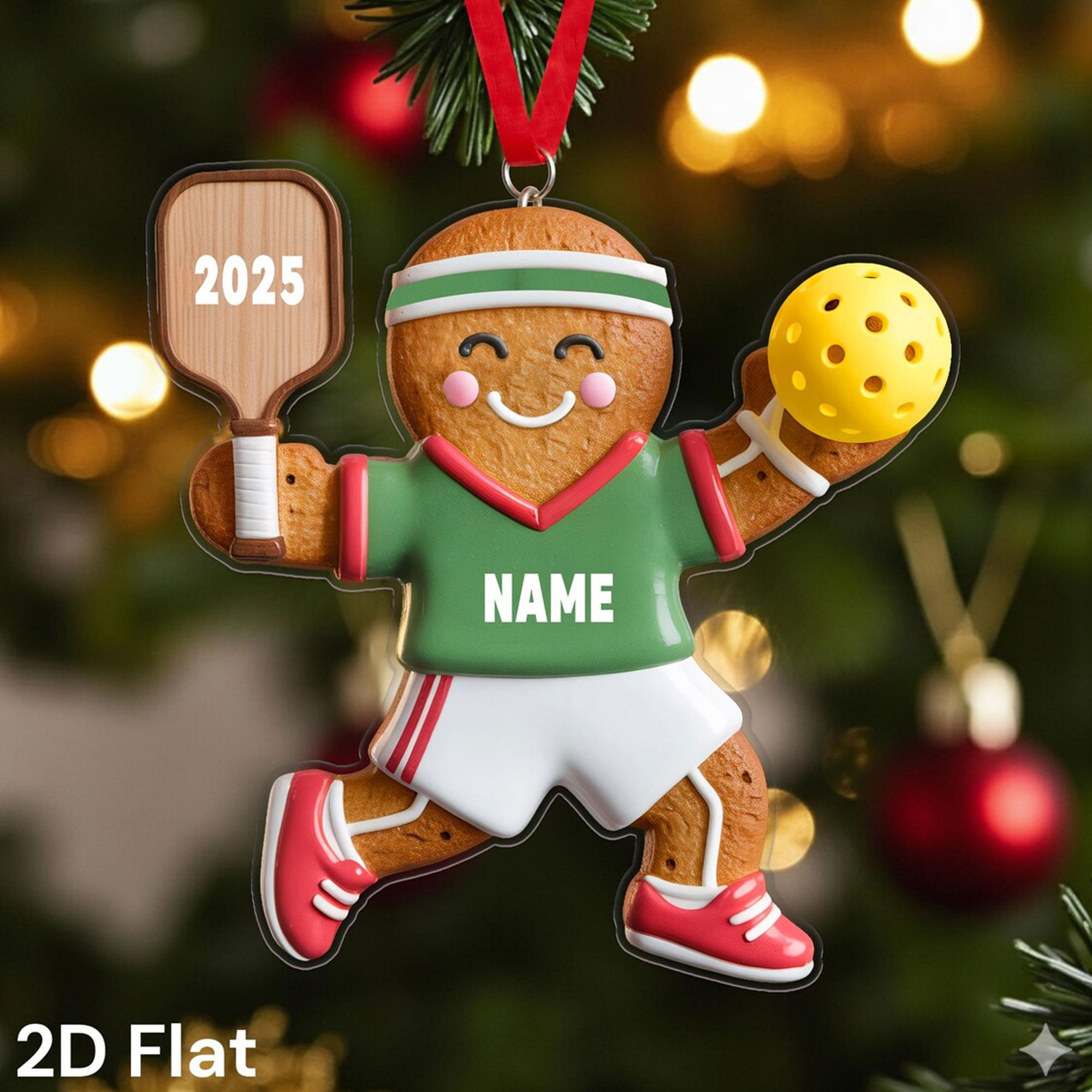 Personalized Name Pickleball Gingerbread 2D-Flat Christmas Ornament, Christmas Tree Hanging Keepsake, Christmas Gift for Pickleball Lovers/Teammates