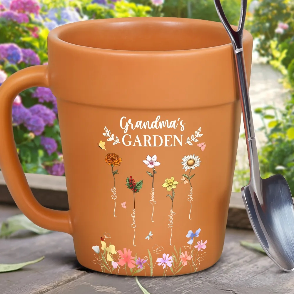 Custom Names & Birth Flowers Plant Pot Shape Mug, Ceramic Mom's/Grandma's Garden Mug with Shovel Spoon, Mother's Day Gift for Her/Gardening Enthusiast