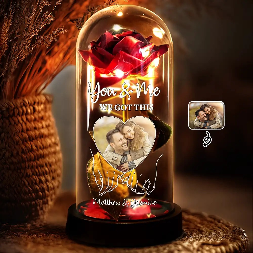 Personalized Photo Everlasting Rose Dome Lamp with Name, Romantic LED Light, Home Decor, Valentine/Anniversary Gift for Girlfriend/Wife/Couple