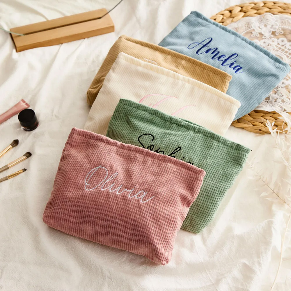 Personalized Embroidered Name Corduroy Makeup Bag, Large Capacity Toiletry Cosmetic Bag, Bachelorette Party Favor, Gift for Her/Friends/Bridesmaid