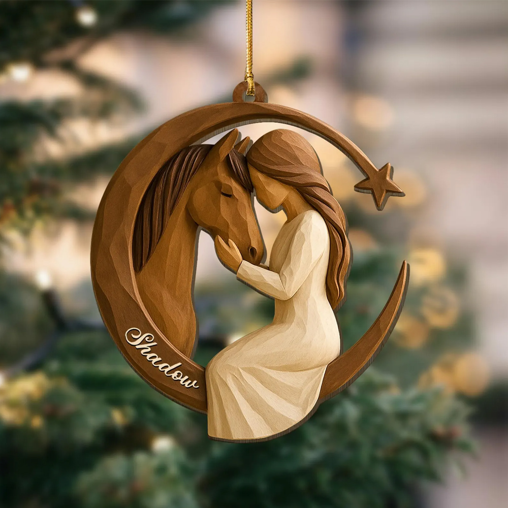 Custom Name 2D Flat Carving Girl and Horse Christmas Ornament, Equestrian Holiday Tree Hanging Decor, Christmas Gift for Horse Lovers/Riders/Family