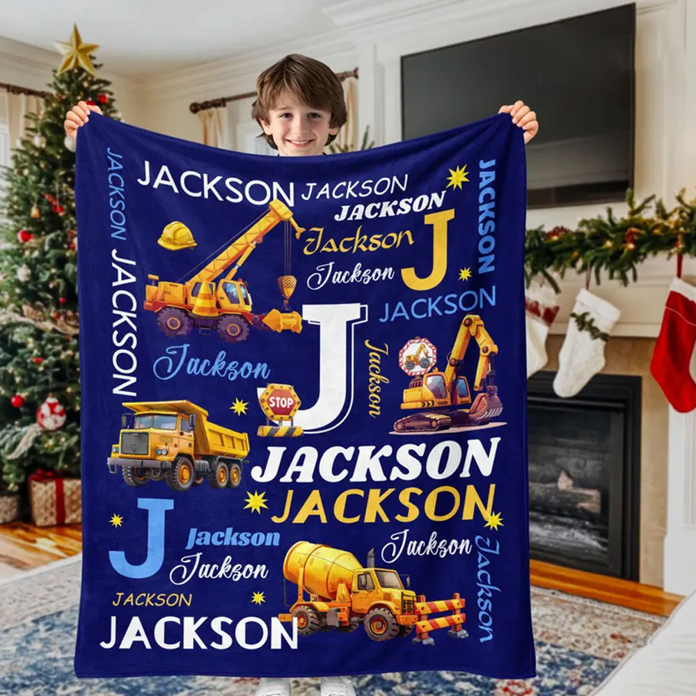 Personalized Initial & Name Construction Trucks Word Cloud Blanket, Flannel Soft Bed Couch Excavator Throw, Nursery Decor, Birthday Gift for Kids/Boys