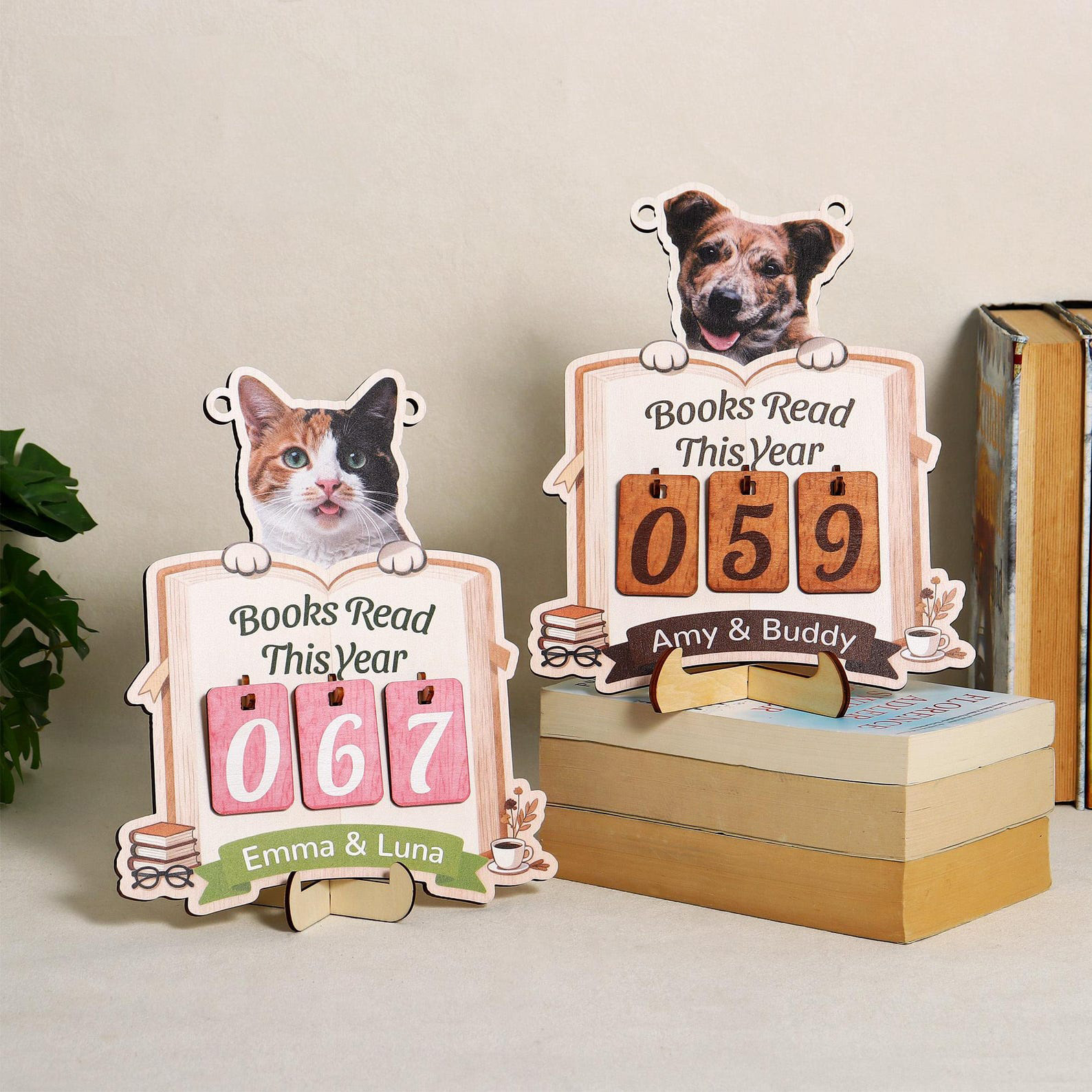 Personalized Name Books Read This Year Counter with Pet Portrait, Wooden Pet Photo Reading Tracker, Bookshelf Decor, Gift for Bookworm/Pet Lovers