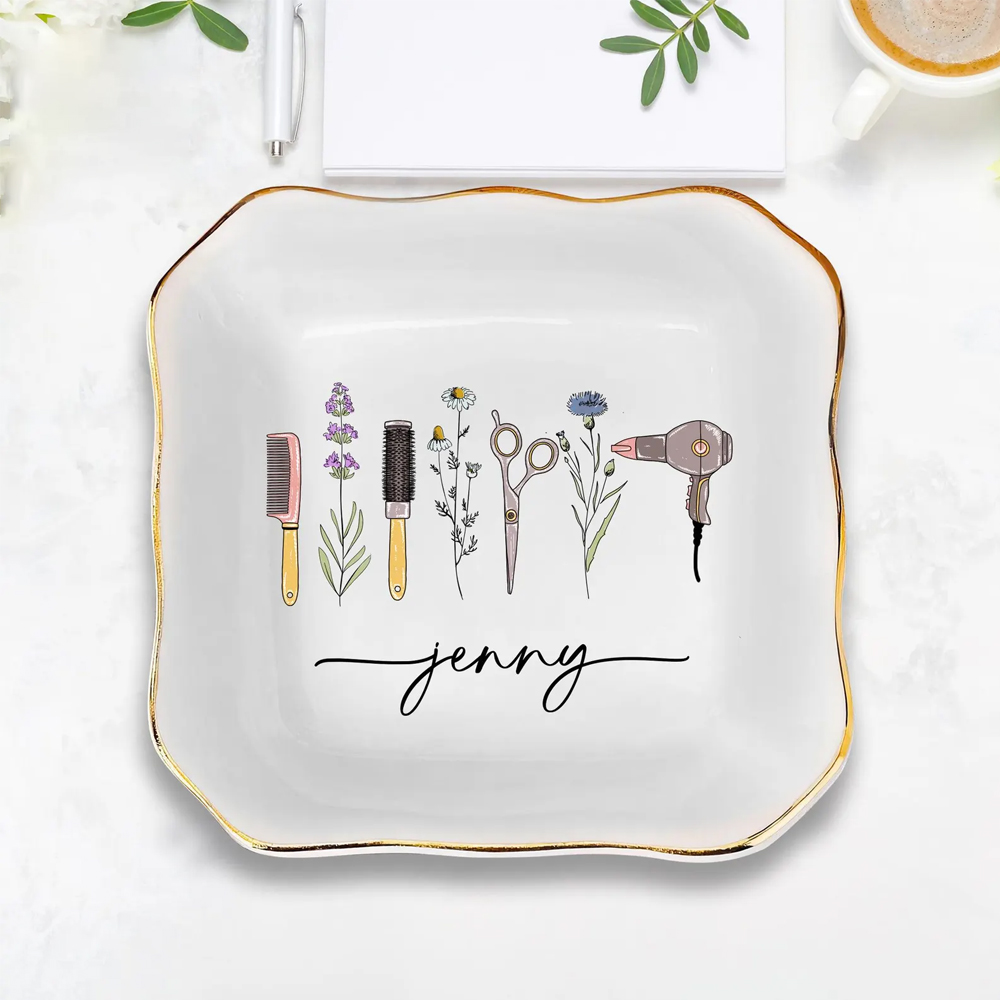 Personalized Hair Stylist Ring Dish with Name, Ceramic Trinket Jewelry Holder, Beautician Keepsake, Birthday Gift for Hairdresser/Airstylist/Her