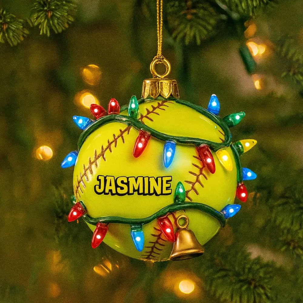 Personalized Softball LED Light Christmas Ornament with Name, Acrylic Christmas Tree Hanging Decor, Christmas Gift for Softball Lovers/Players/Couch