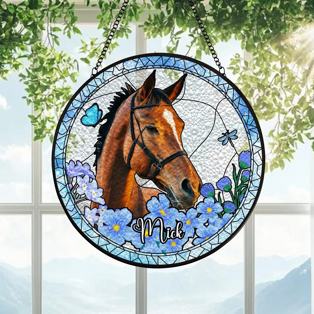 Personalized Name Horse Portrait Stained Glass Suncatcher, Custom Photo Ornament Window Hanging, Horse Loss Memorial Favor, Gift for Horse Lovers