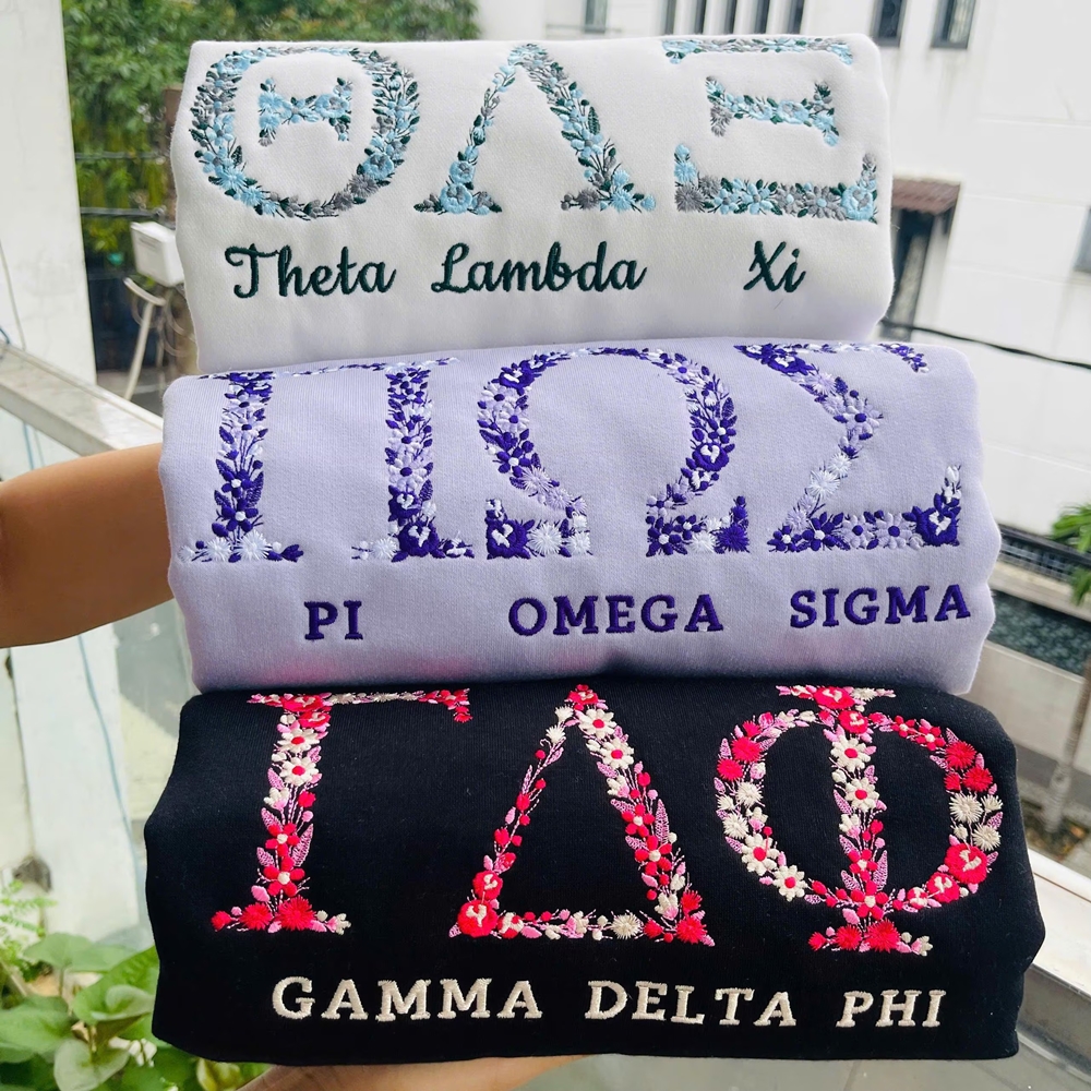Custom Greek Letters Embroidered Floral Sweatshirt, T-Shirt/Sweatshirt/Hoodie for Sisters, Member Outfit, Sorority Bid Day Gift for Girls/Friends