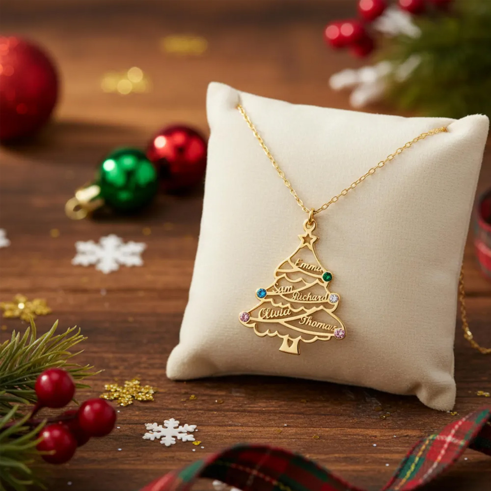 Personalized Christmas Tree Names Necklace with Birthstones, Dainty Family Tree Necklace, Holiday Jewelry, Christmas Gift for Mom/Grandma/Women
