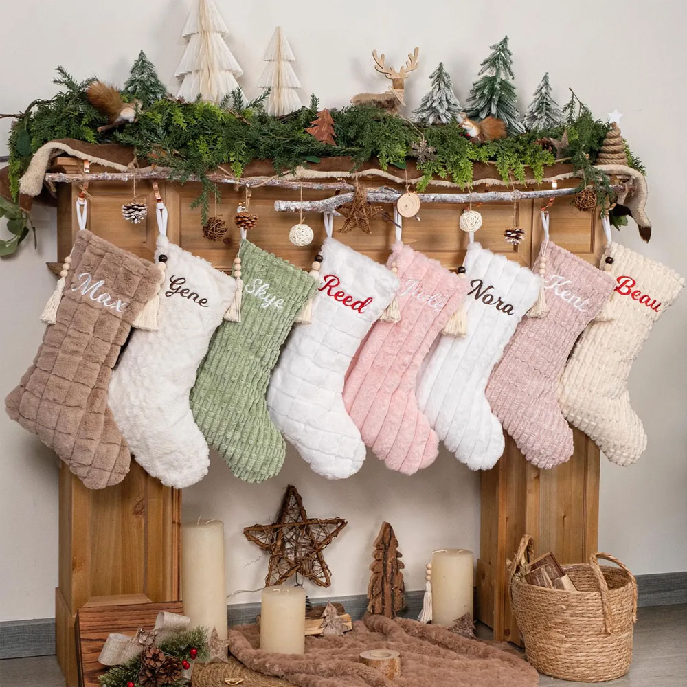 Custom Embroidered Name Christmas Stocking, Rustic Stocking with Textured Plush, Farmhouse Holiday Fireplace Decor, Christmas Gift for Family/Kids