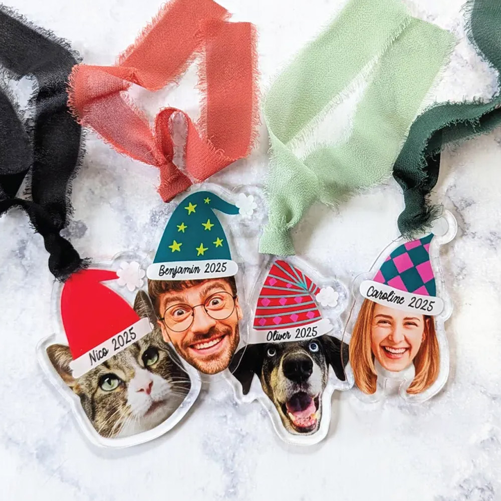 Personalized Photo Christmas Ornament with Name, Acrylic Funny Face Christmas Tree Hanging Decor with Ribbon, Christmas Gift for Family/Pet Owners
