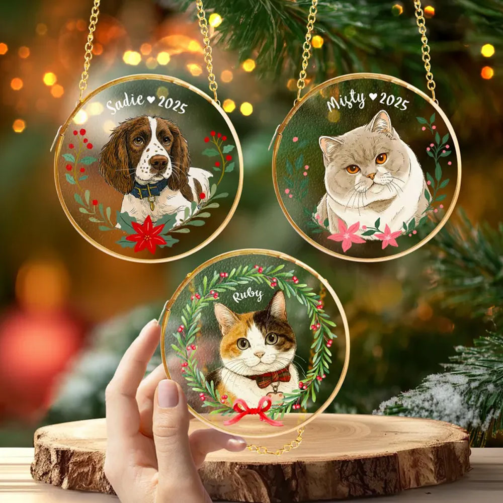Personalized Pet Portrait Christmas Ornament with Name, Glass Dog/Cat Christmas Tree Hanging Decor, Christmas Gift for Pet Owners/Lovers/Family