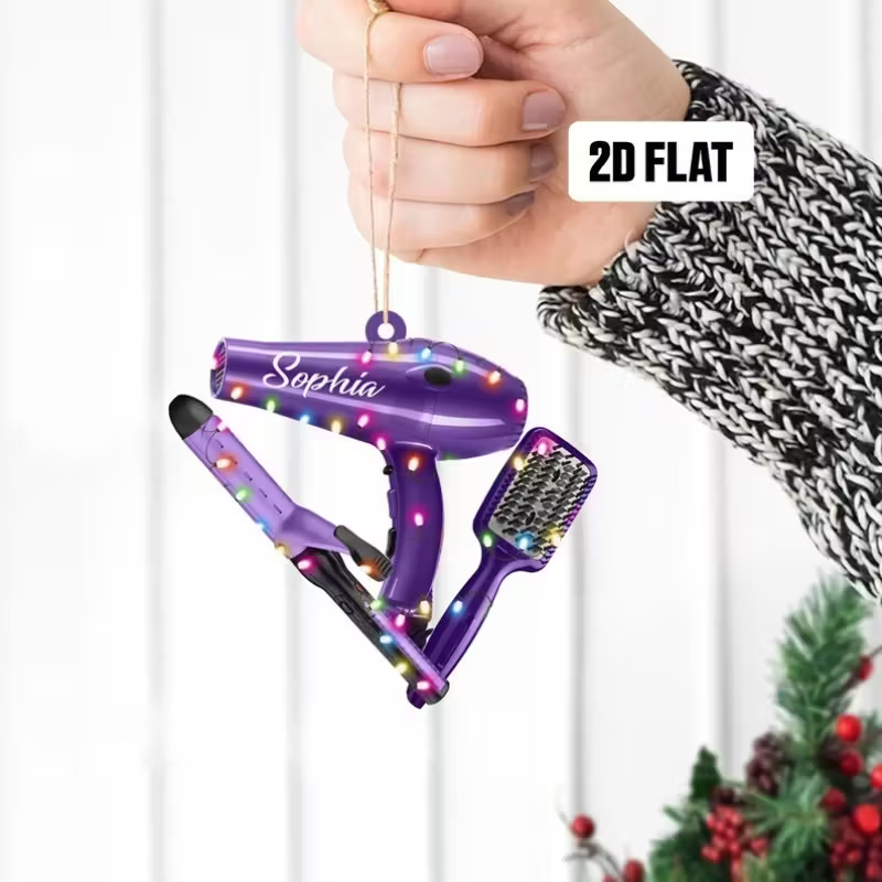 Personalized Acrylic Hair Stylist Ornament with Adjustable Wall, Mounted Key Hook, Fashionable Blow Dryer Christmas Decoration