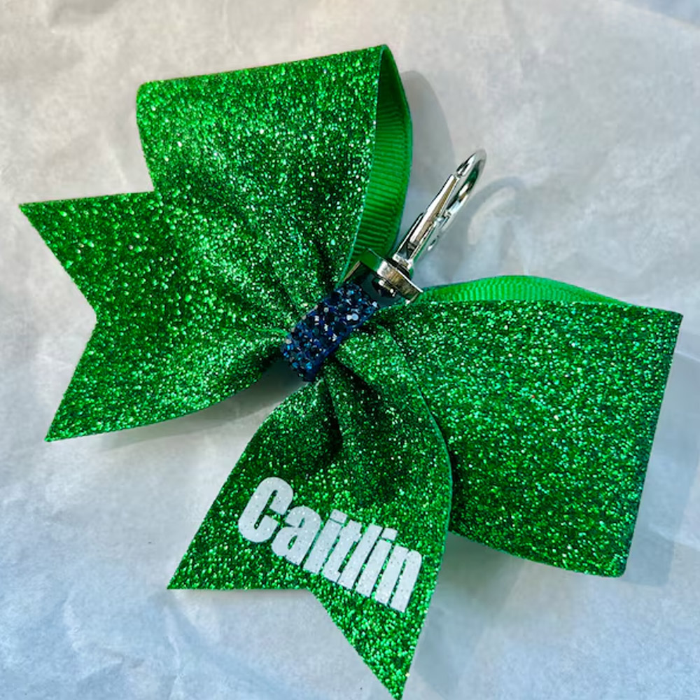 Personlig glitter cheerleader-nyckelring med rosett och namn, namnberlock till ryggsäck med karabinlås, säsongsavslutningspresent/födelsedagspresent till cheerleaders/vänner/flickor