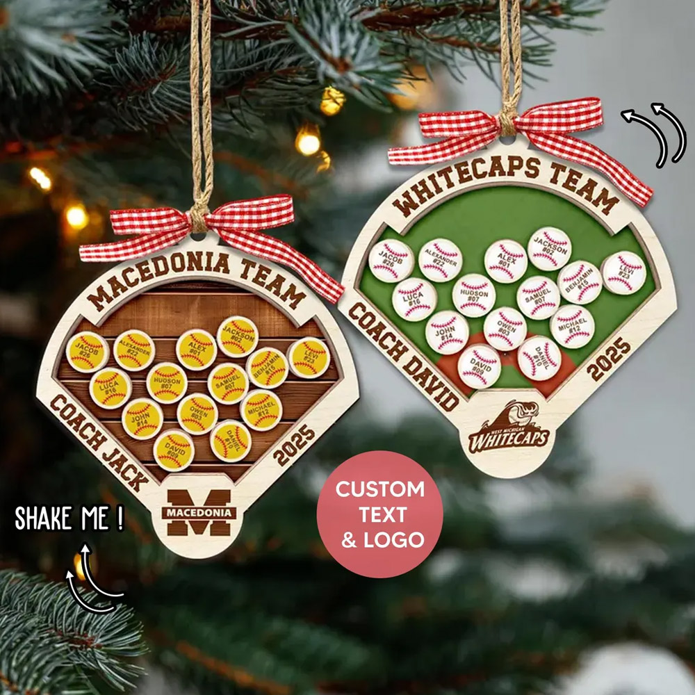 Personalized Shaker Softball/Baseball Coaches Christmas Ornament with Name & Number, Acrylic Holiday Tree Hanging Decor, Christmas Gift for Coaches