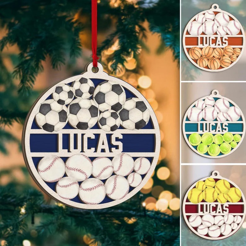 🏀Free Personalization⚽ Personalized Sport Layered Wood Ornament, Custom Multiple Sports Christmas Tree Ornament, Christmas Home Decor, Sport Gift for Son, Daughter
