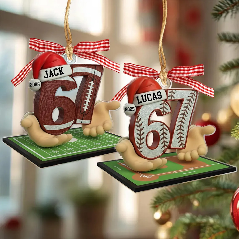Custom Name 67 Soccer/Baseball/Volleyball/Basketball Christmas Ornament, Acrylic Slang Six Seven Gen Alpha Humor Decor, Christmas Gift for Kids/Teens