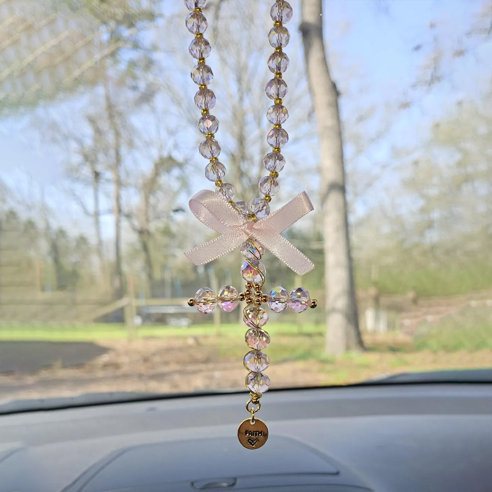 Custom Engraved Hanging Crystal Cross Rearview Mirror Charm with Bow, Catholic Protection Car Decor, Gift for New Drivers/Car Owners/Family/Her