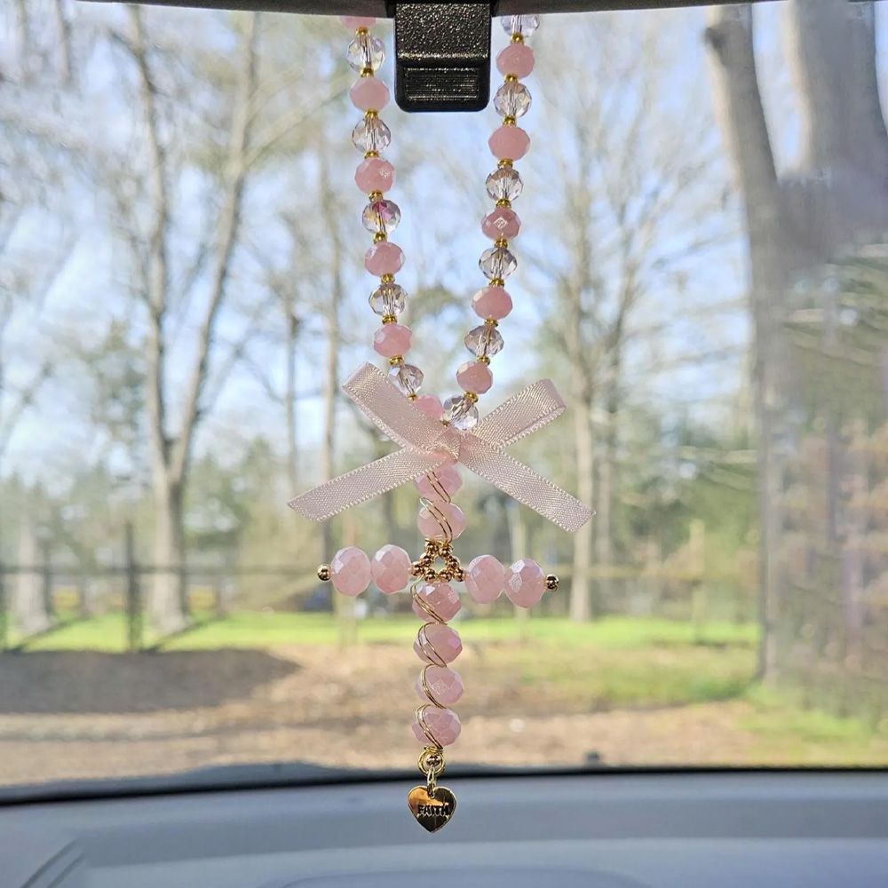Custom Engraved Hanging Crystal Cross Rearview Mirror Charm with Bow, Catholic Protection Car Decor, Gift for New Drivers/Car Owners/Family/Her
