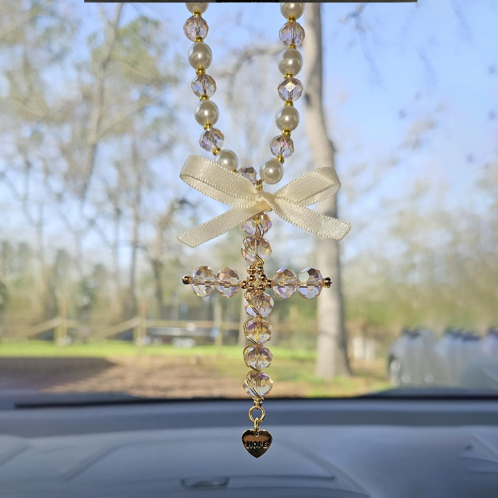 Custom Engraved Hanging Crystal Cross Rearview Mirror Charm with Bow, Catholic Protection Car Decor, Gift for New Drivers/Car Owners/Family/Her