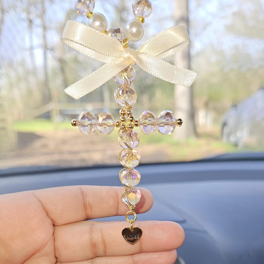 Custom Engraved Hanging Crystal Cross Rearview Mirror Charm with Bow, Catholic Protection Car Decor, Gift for New Drivers/Car Owners/Family/Her