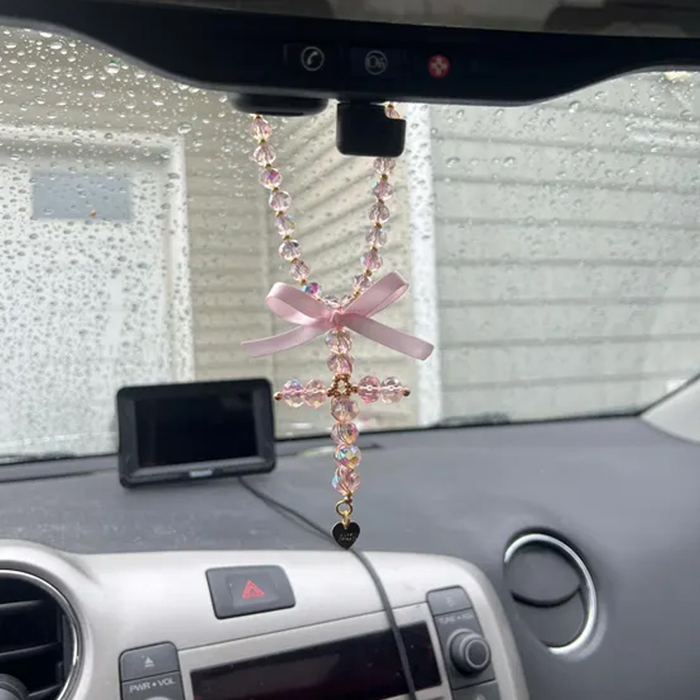 Custom Engraved Hanging Crystal Cross Rearview Mirror Charm with Bow, Catholic Protection Car Decor, Gift for New Drivers/Car Owners/Family/Her