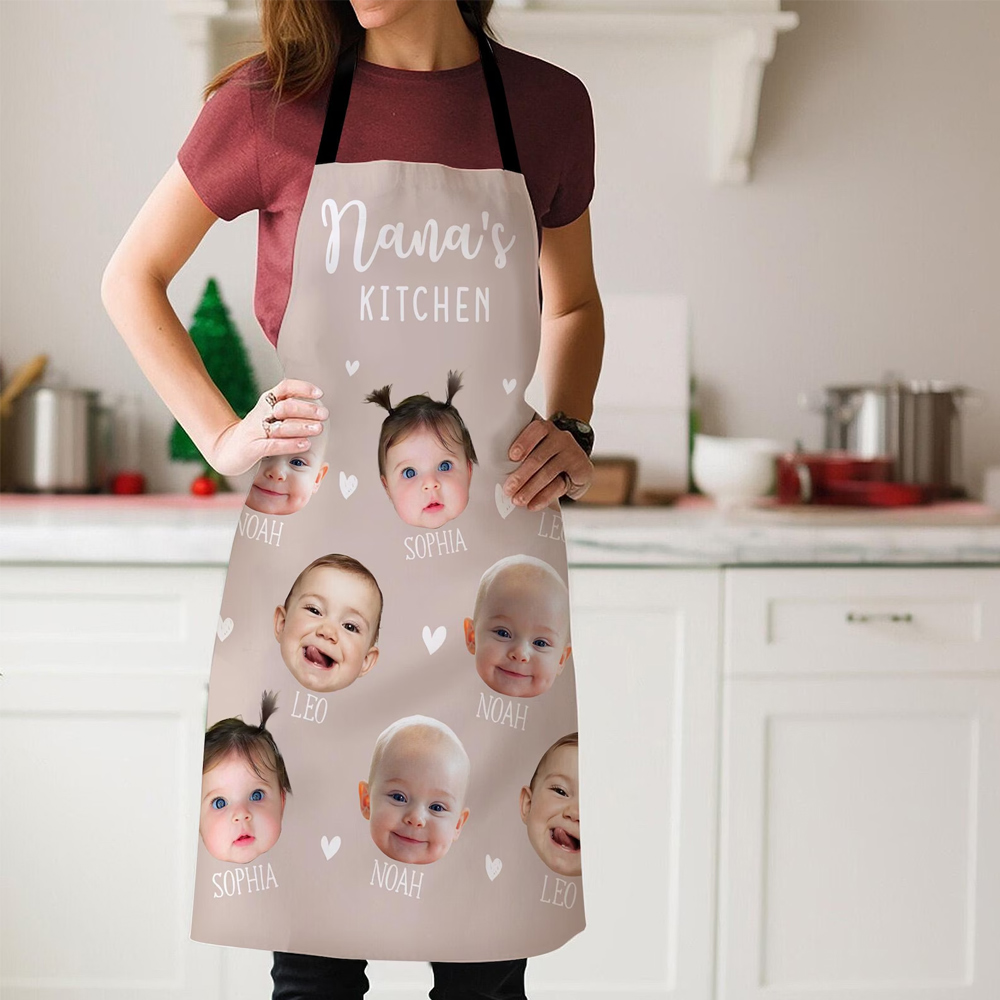 Personalized Kid‘s Faces Apron with Names, Nana's Kitchen with 1-5 Kids Photo Baking Smock Apron, Kitchen Supply, Birthday Gift for Mom/Grandma/Family