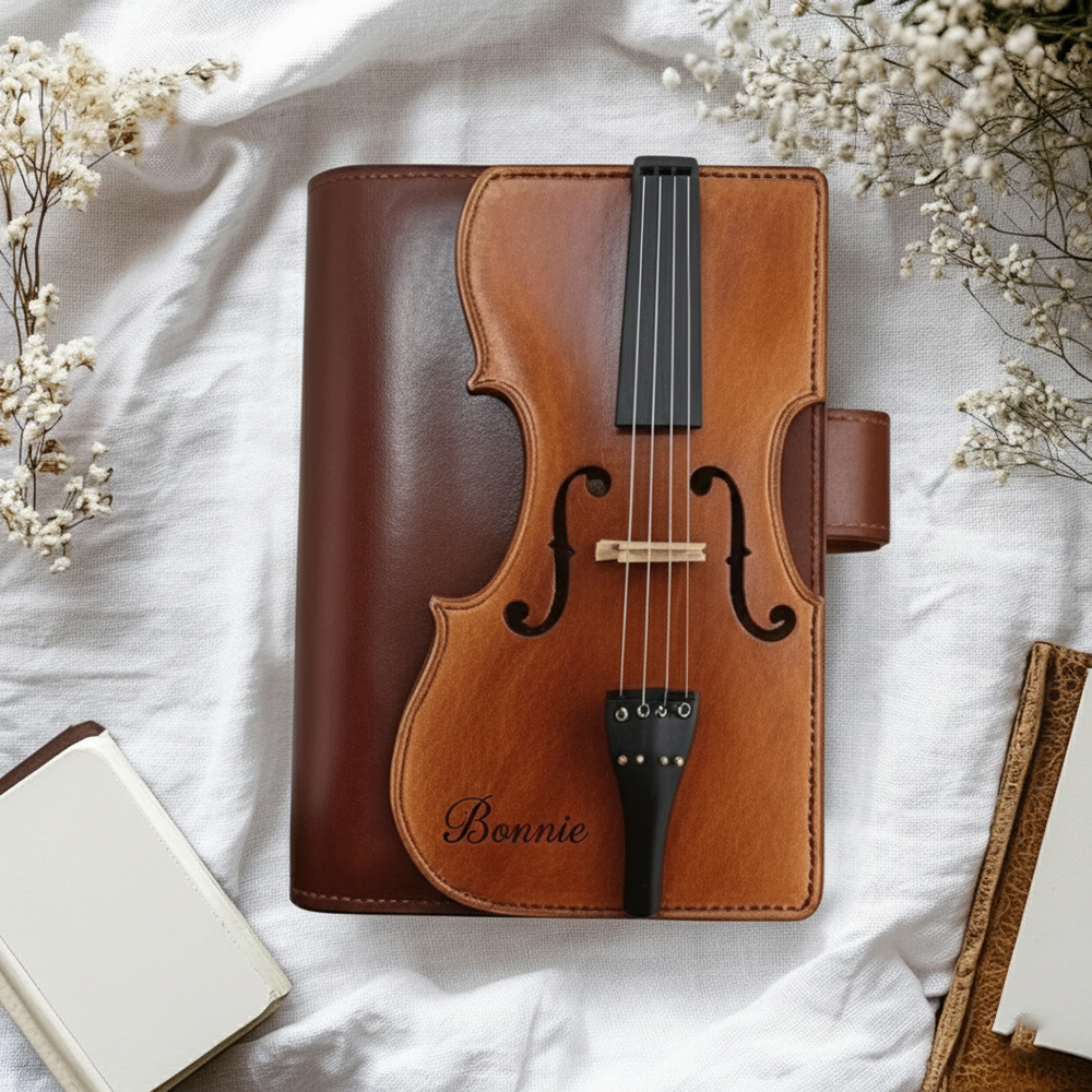Custom Engraved Name Violin Notebook, Vintage PU Leather Cover Journal, Portable Travel Diary, Birthday/Graduation Gift for Her/Violinist/Music Lovers
