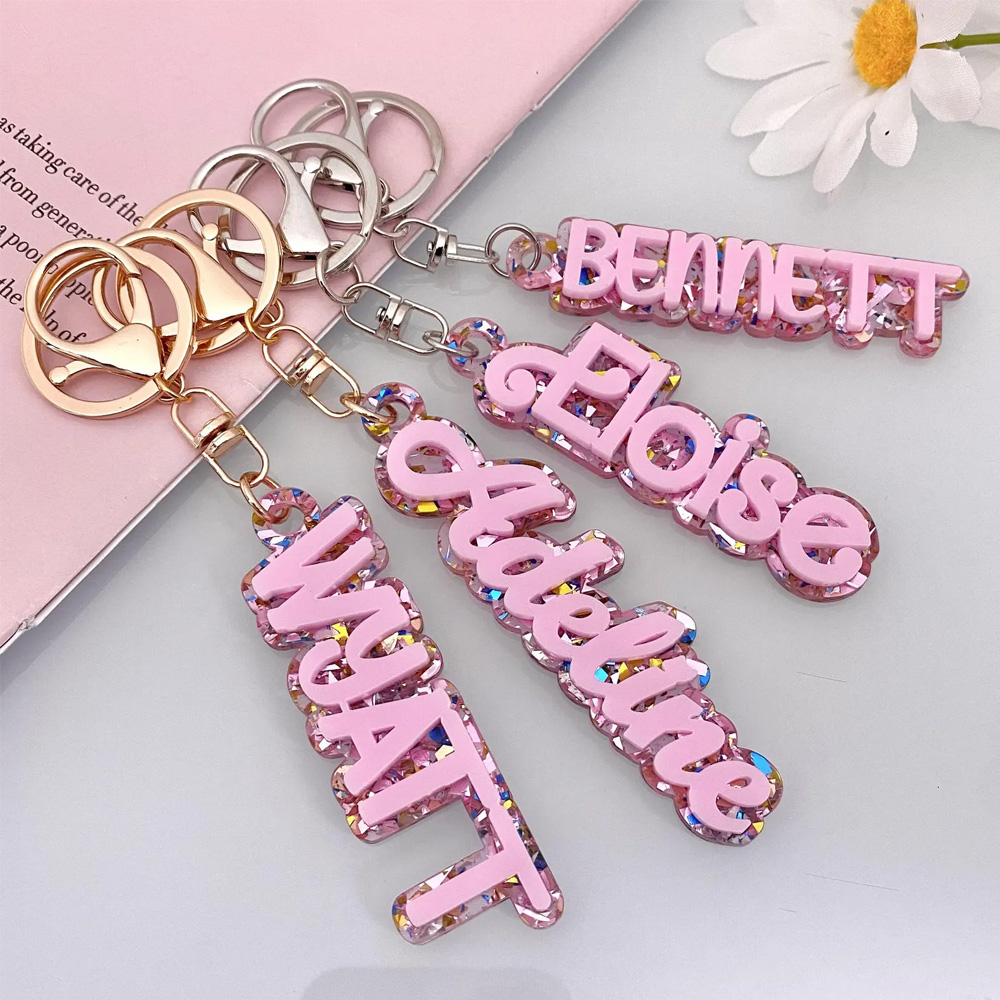 Personalized Name Glitter Keychain, Acrylic Sparkly Hanging Keyring, Backpack Bag/Lunch Box Accessory, Back to School/Birthday Gift for Kids/Girls