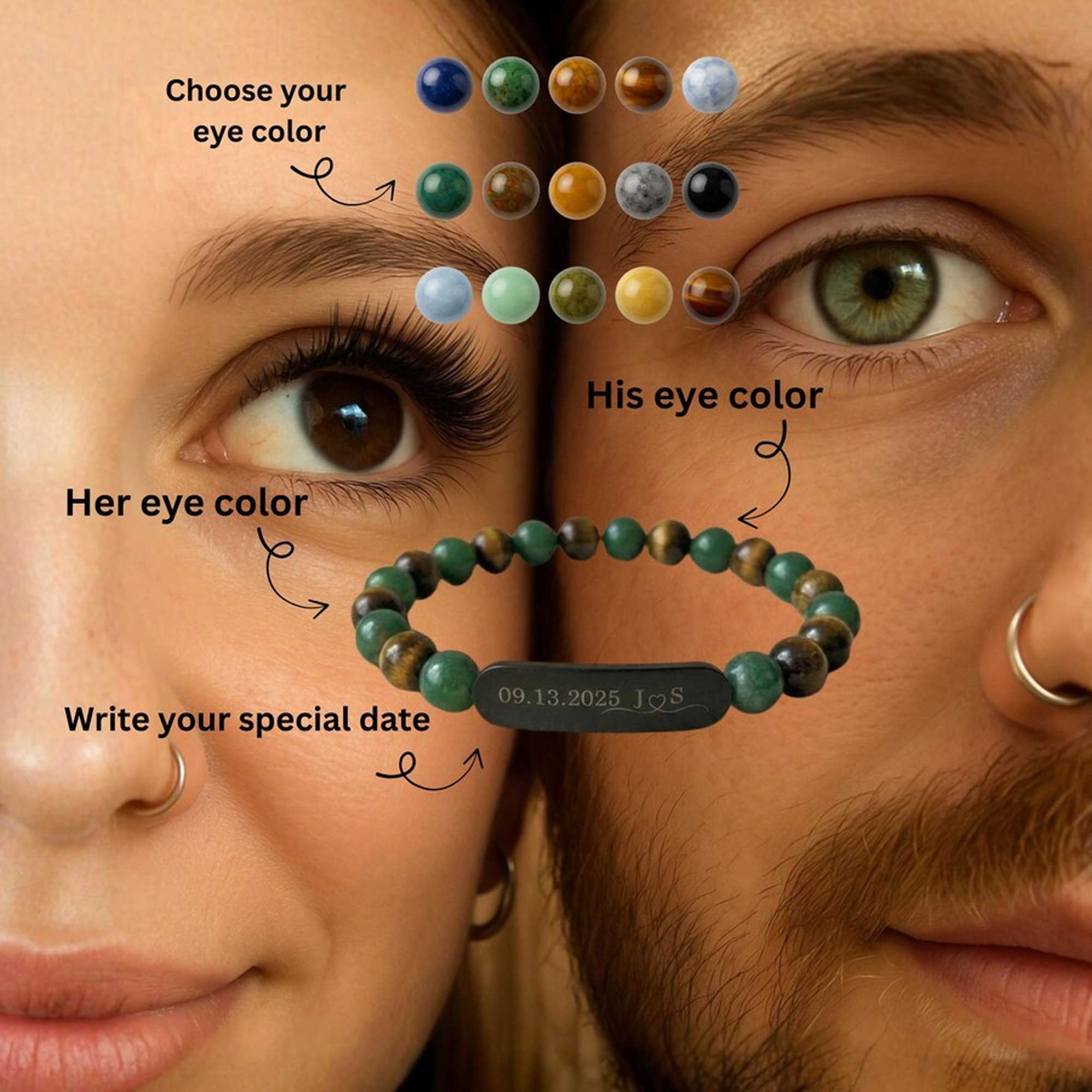 Custom Engraved Initials & Date Couple Bracelet with Eye Color Beads, Matching Bracelets, Anniversary/Valentine's Day Gift for Couples/Him/Her
