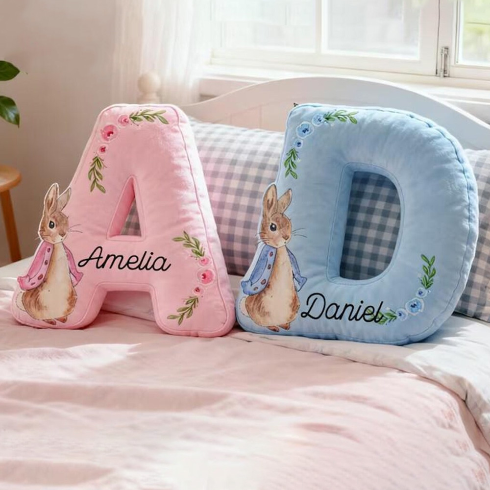 Personalized Alphabet Peter Rabbit Easter Pillow, Soft 3D Letter Bunny Pillow, Nursery Decor, Easter/Birthday/Baby Shower Gift for Kids/Boys/Girls