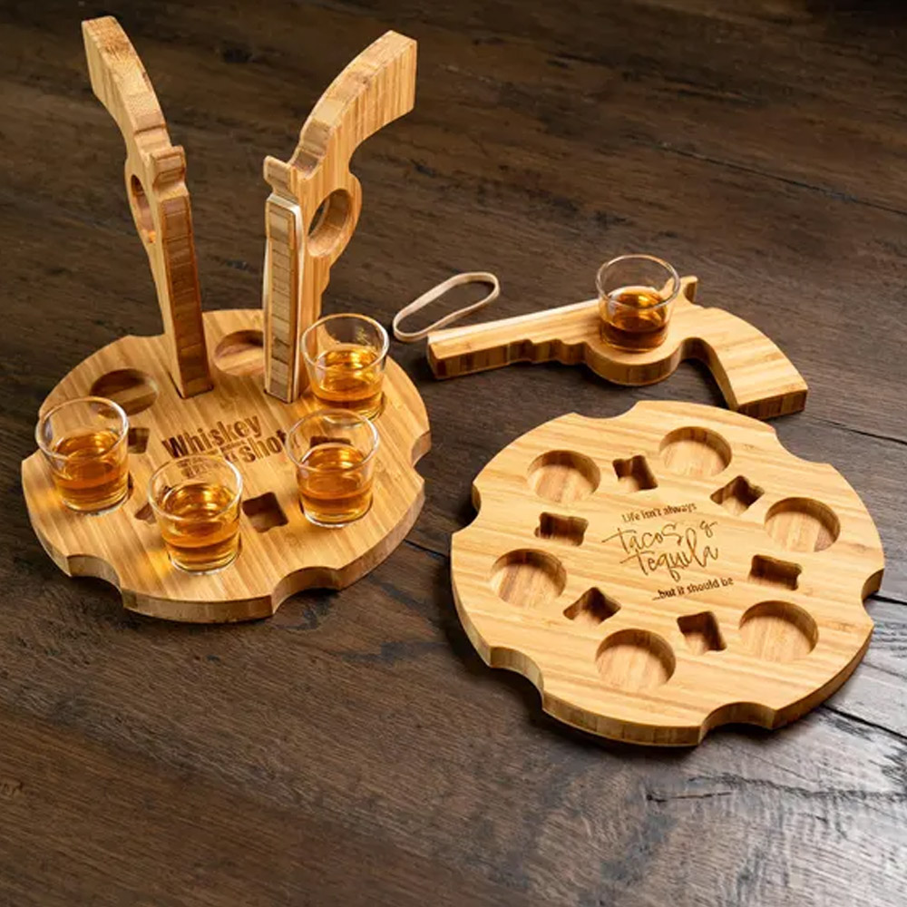 Custom Engraved Name Six-Shooter and Shoot Your Shot Serving Tray, Wooden Drink Board, Game Night Accessories, Housewarming Gift for Friends/Family