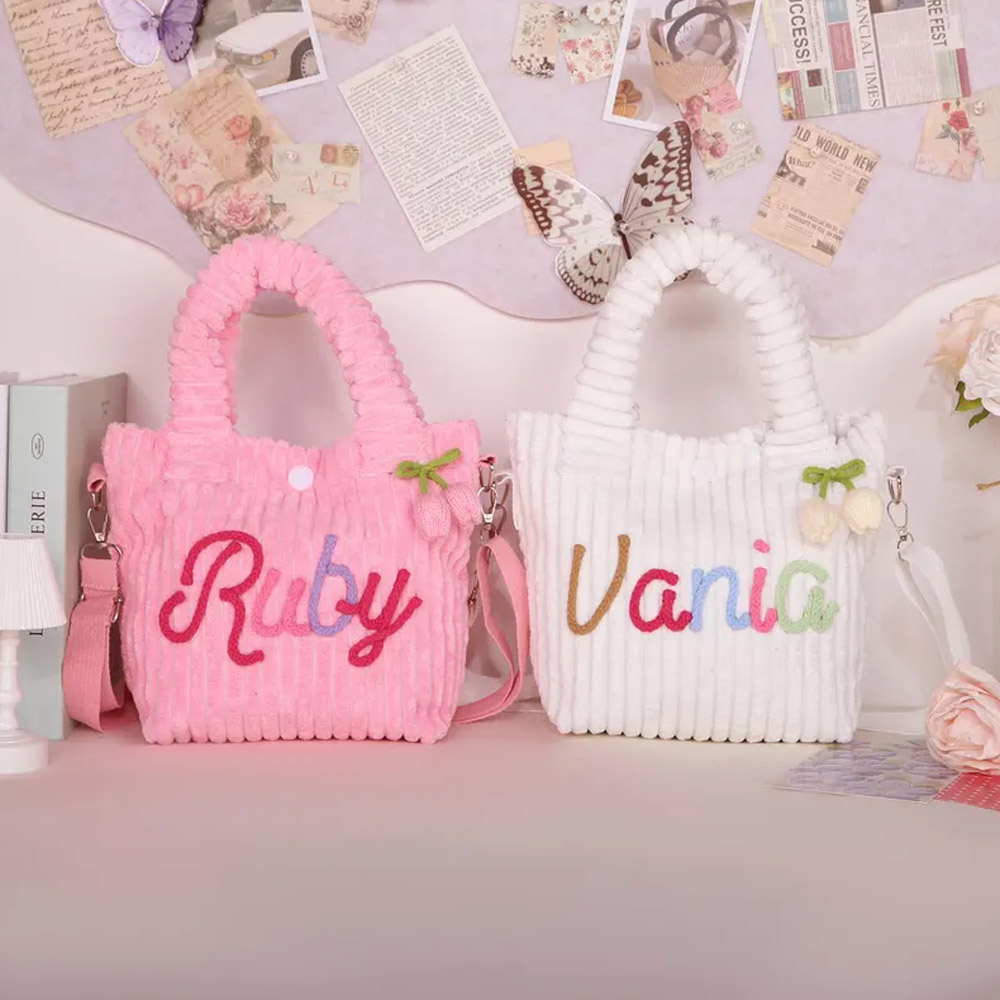 Personalized Name Yarn Kid's Crossbody Corduroy Handbag with Tulip, Adjustable Strap Shoulder Bag, Back to School/Birthday Gift for Toddlers/Girls
