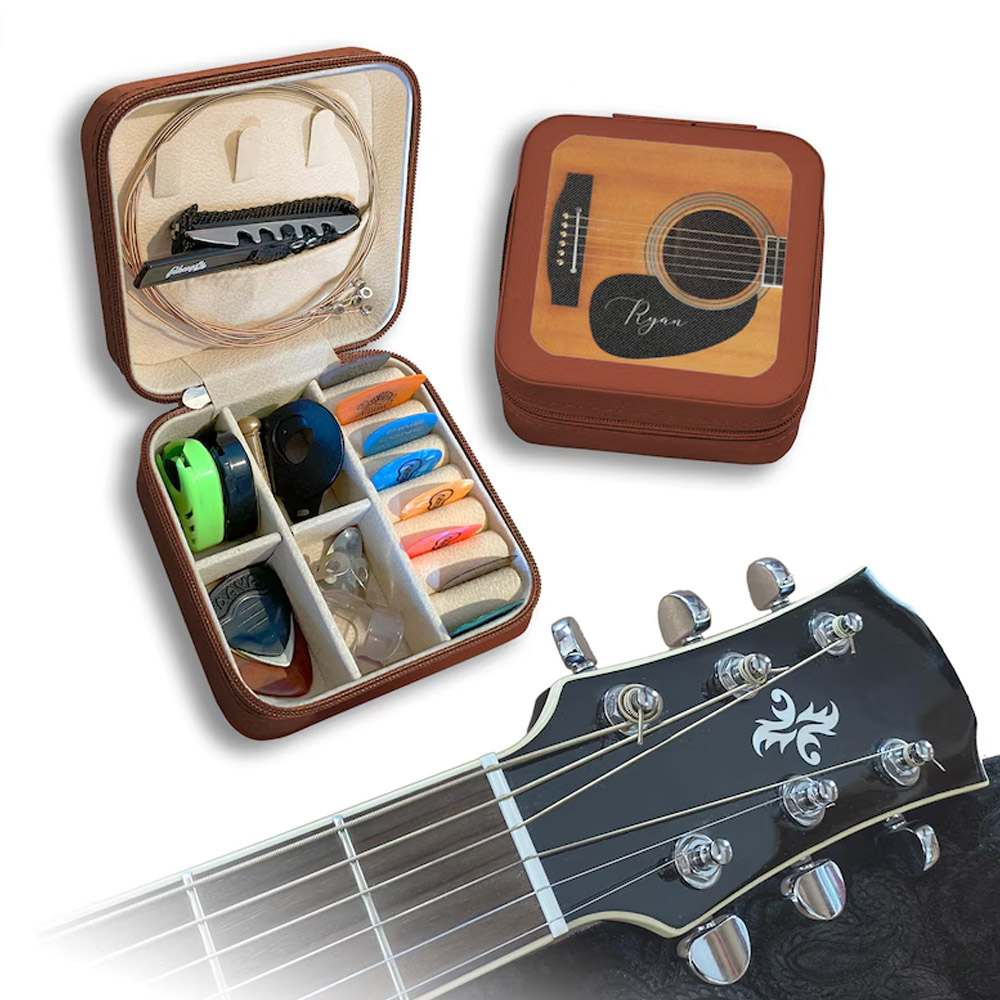 Custom Name Guitar Picks Storage Case, Leather Compact Accessories Organizer for Strings & Paraphernalia, Valentine's Day Gift for Guitarists/Players