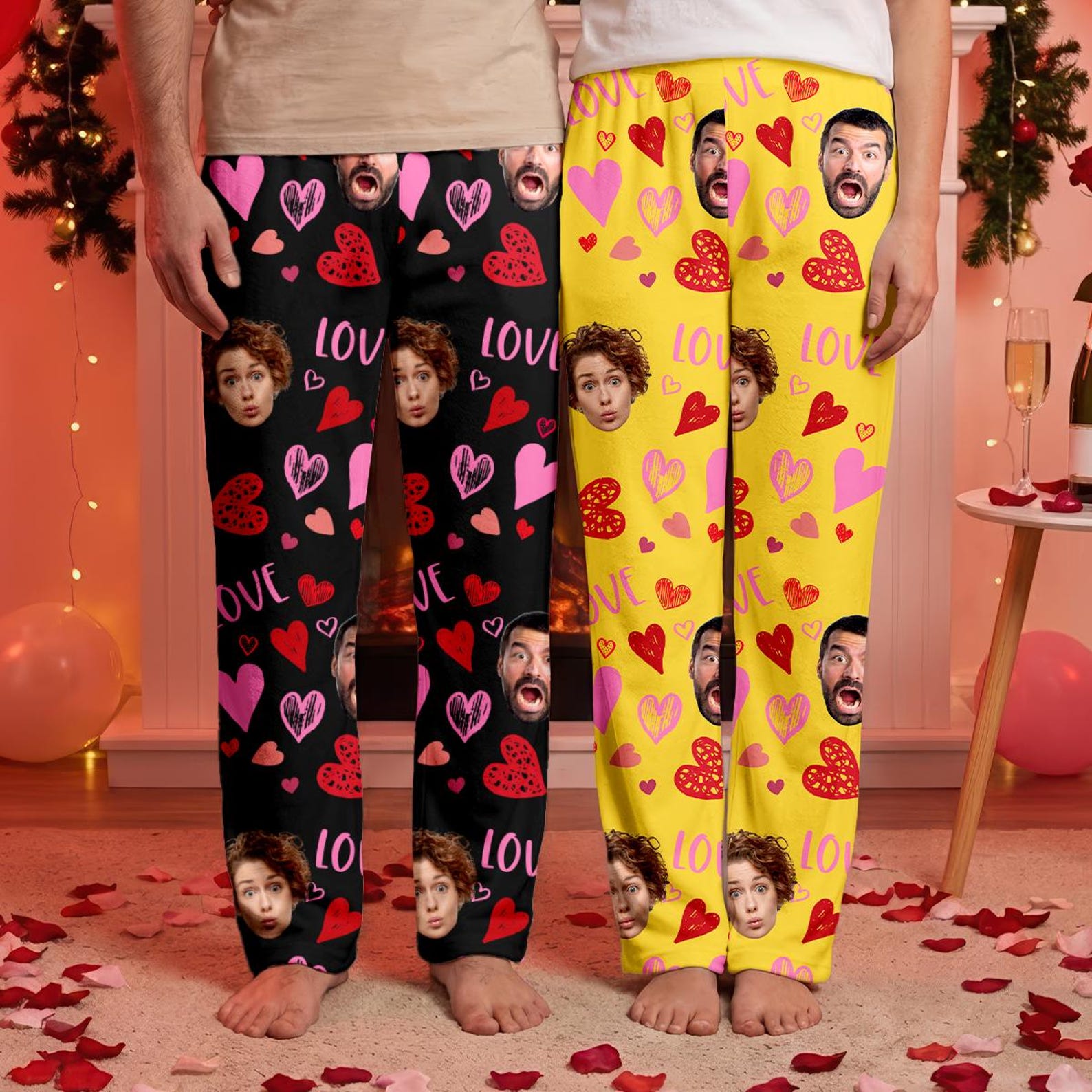 Personalized Couple's Portraits Heart Prints Pajama Pants, Face Photos Lounge Pants, Anniversary/Valentine's Day/Wedding Gift for Couple/Newlyweds