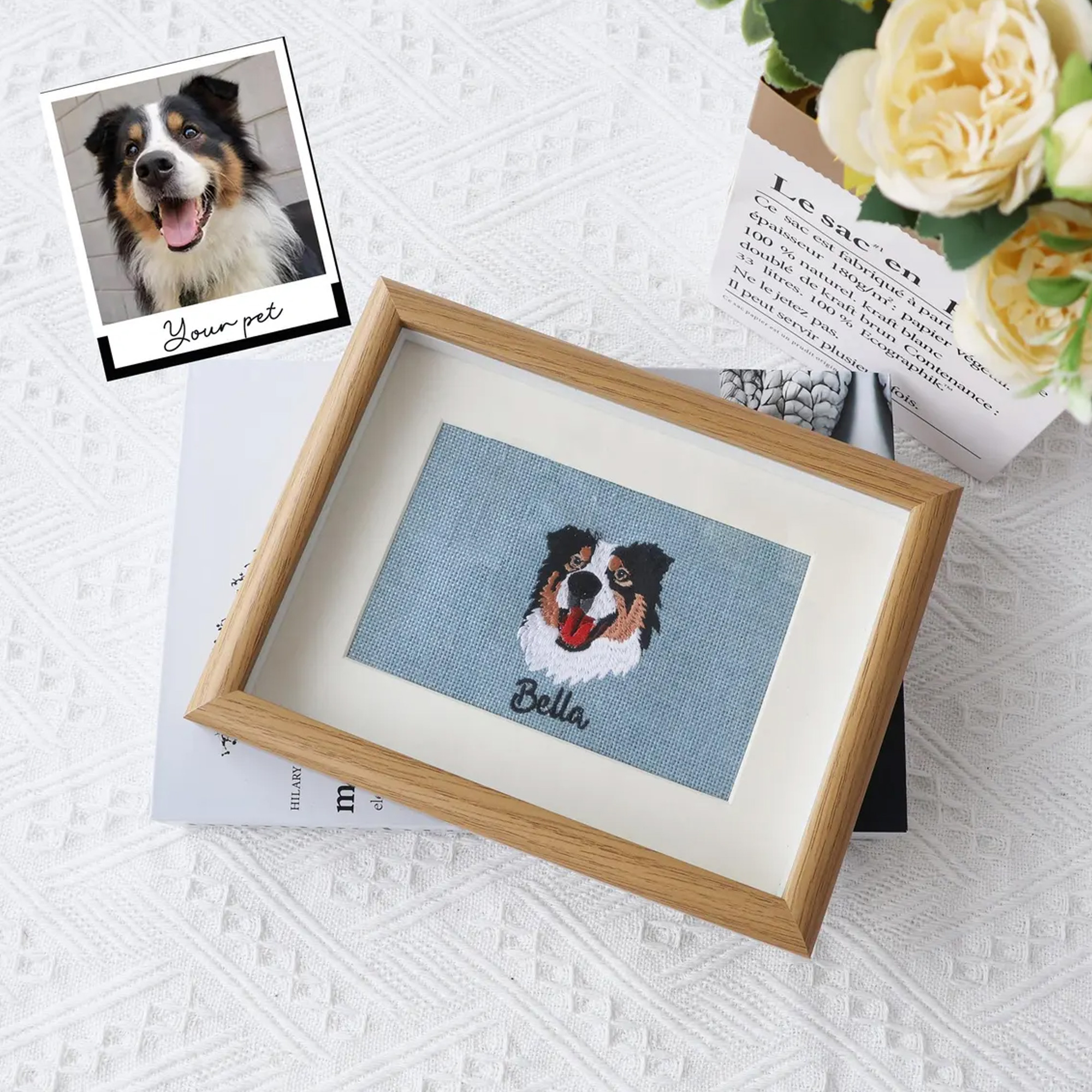 Personalized Embroidered Pet Portrait & Name Wooden Frame, Dog Cat Memorial Keepsake, Home Decor, Birthday/Anniversary Gift for Pet Lovers/Owners