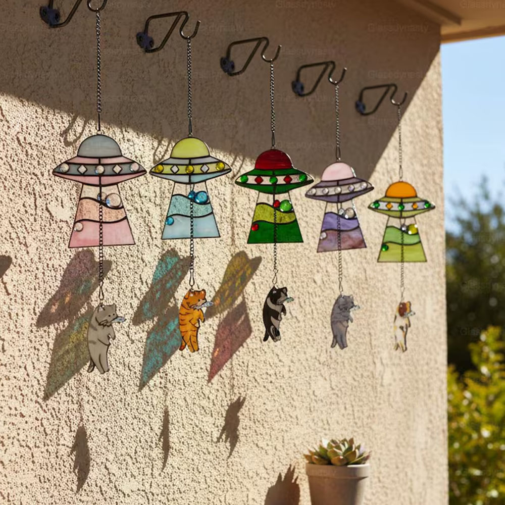 Personalized Name Cat UFO Spaceship Stained Glass Suncatcher, Cat Memorial Ornament Window Hanging, Remembrance/Sympathy Gift for Cat Owners/Lovers