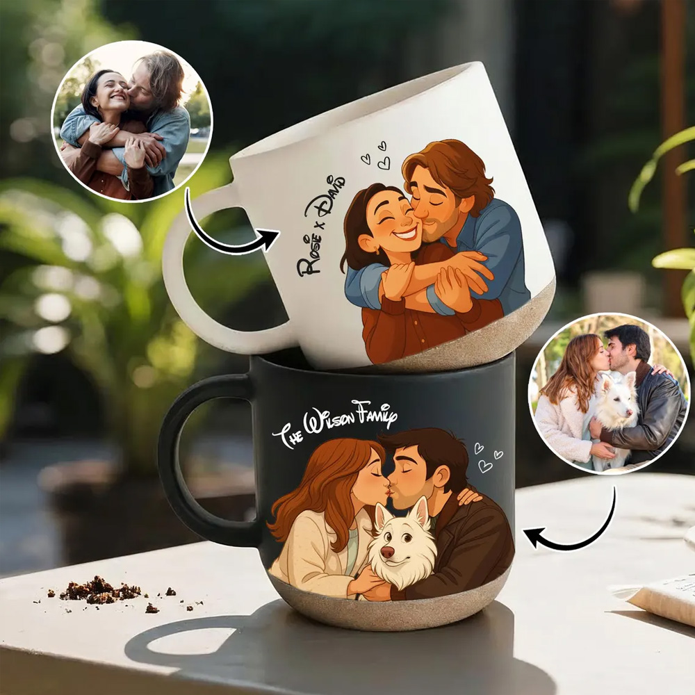 Personalized Couple Portrait With Pet Ceramic Mug, Custom Photo Cartoon Cocoa Coffee Mug, Birthday/Anniversary Gift for Couple/Pet Lovers/Owners