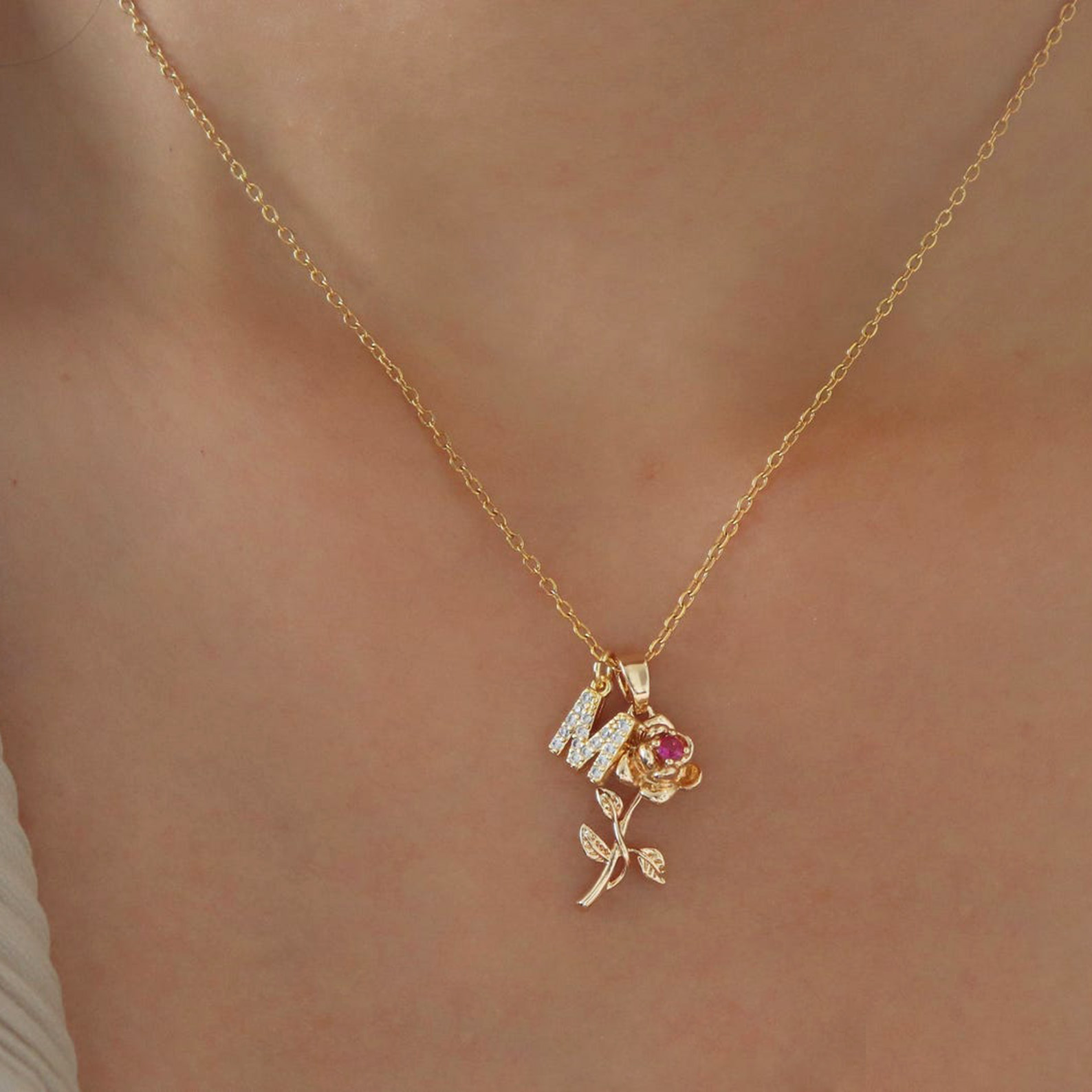 Personalized Rose Initial Pendant Necklace, Sterling Silver 925 Floral Jewelry for Women, Valentine's Day/Anniversary Gift for Her/Wife/Girlfriends