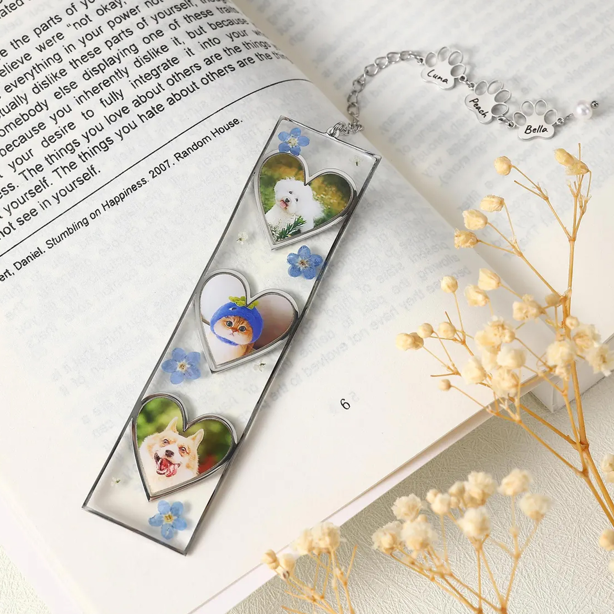 Personalized Engraved Photo Pressed Flower Bookmark with Name Charm, Memorial Floral Bookmark with Paw Charm, Birthday Gift for Pet Owners/Lovers