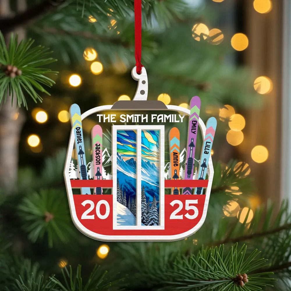 Personalized Skiing Team Player Family Ornament, Custom 1-5 Names Skiing Ornament, Holiday Travel Keepsake, Anniversary Gift for Family/Ski Lovers