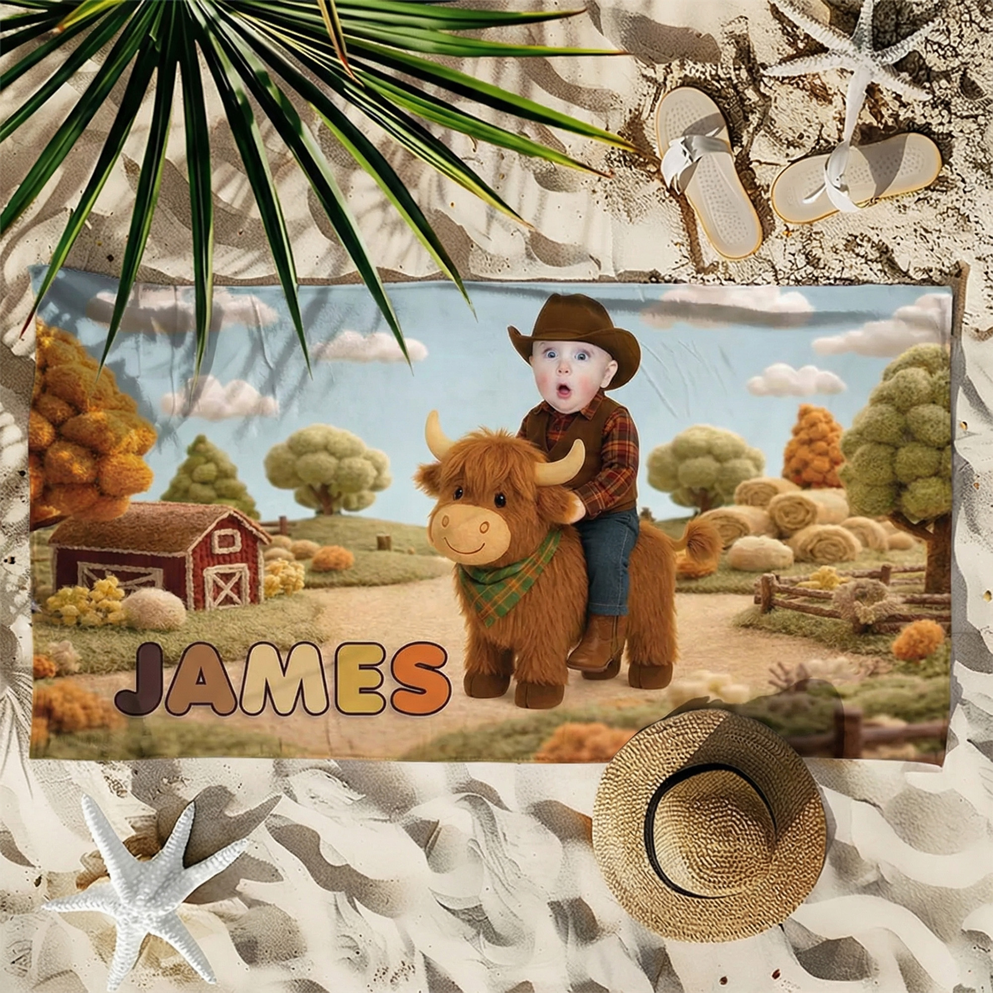 Personalized Photo Highland Cow Beach Towel with Name, Quick Dry Microfiber Farming Bath Towel, Vacation Party Favor, Birthday Gift for Kids/Toddlers