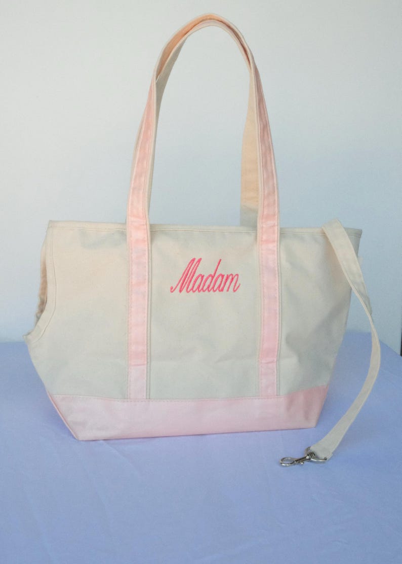 Custom Embroidered Canvas Pink Pet Carrier Tote, Monogrammed Travel Bag