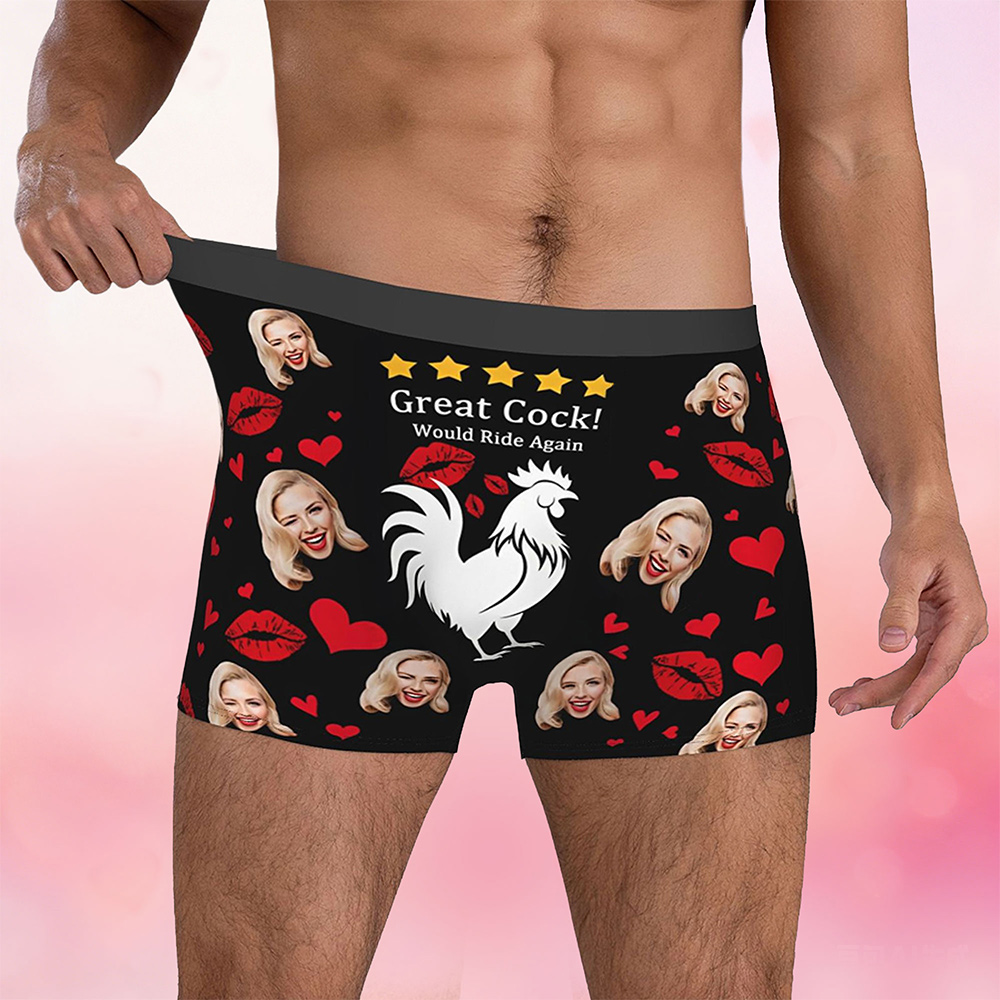 Personalized Face Photo Great Cock Boxer Briefs, Funny Portrait Men's Underwear, Valentine's Day/Anniversary/Wedding Gift for Husband/Boyfriend/Him