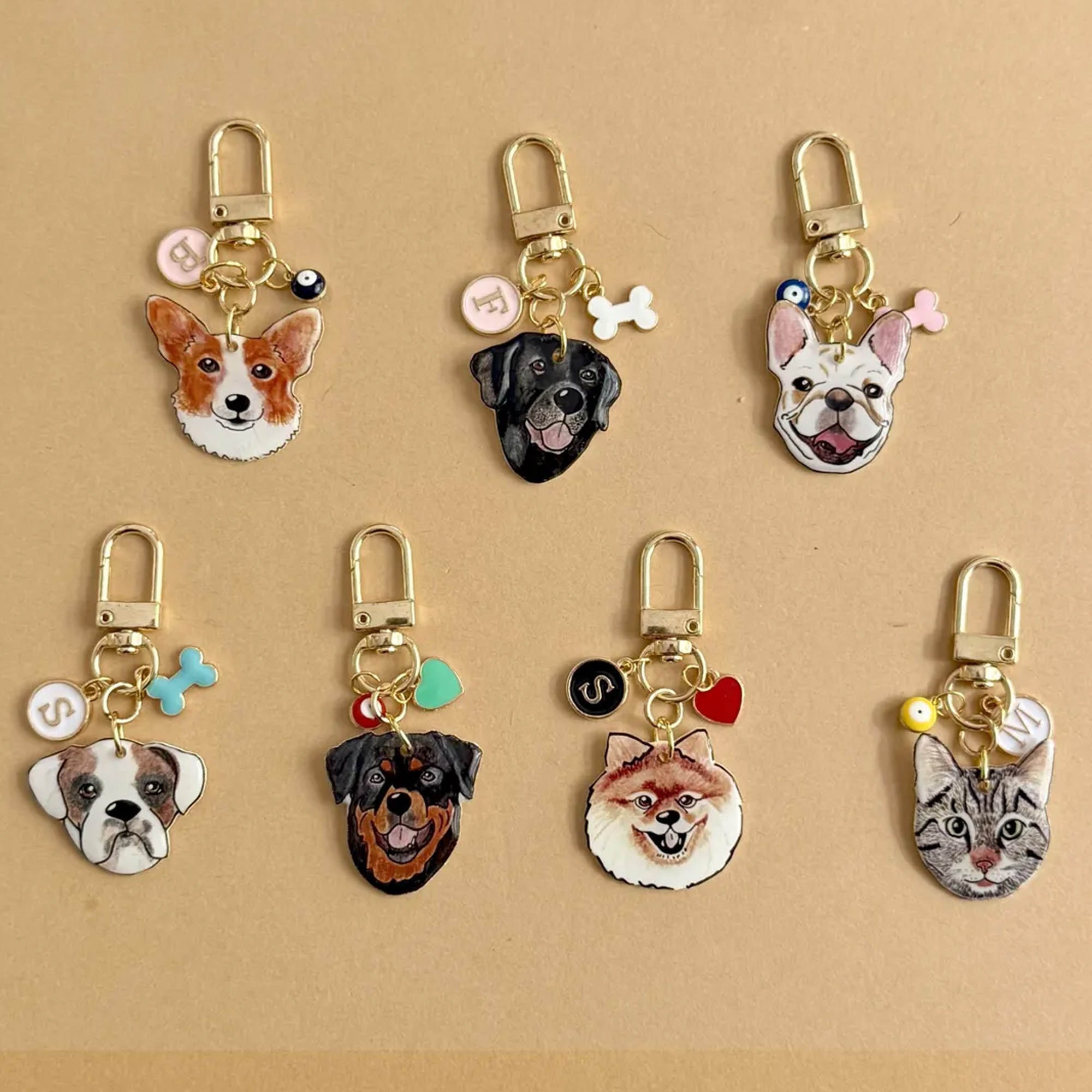 Personalized Pet Portrait Illustration Keychain with Initial Charm, Custom Dog/Cat Photo Bag Charm, Birthday/Anniversary Gift for Pet Lovers/Owners