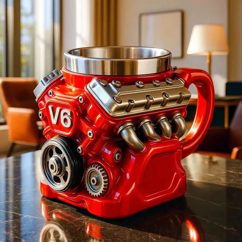 Engine-Themed Coffee Mug, Realistic V8 Engine Stainless Steel Mug