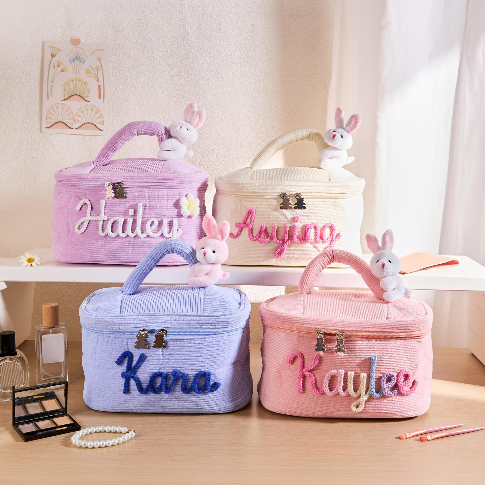 Personalized Name Yarn Embroidered Makeup Bag, Large Capacity Cotton Cosmetic Pouch with Fixed Bunny, Birthday/Easter Gift for Kids/Girls/Teens