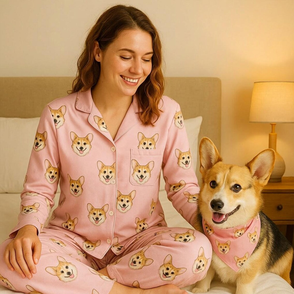 Personalized 1-5 Pet Portraits Pajamas Set, Dog/Cat Face Photos Lounge Short PJ Set, Anniversary/Valentine's Day Gift for Family/Pet Lovers/Owners