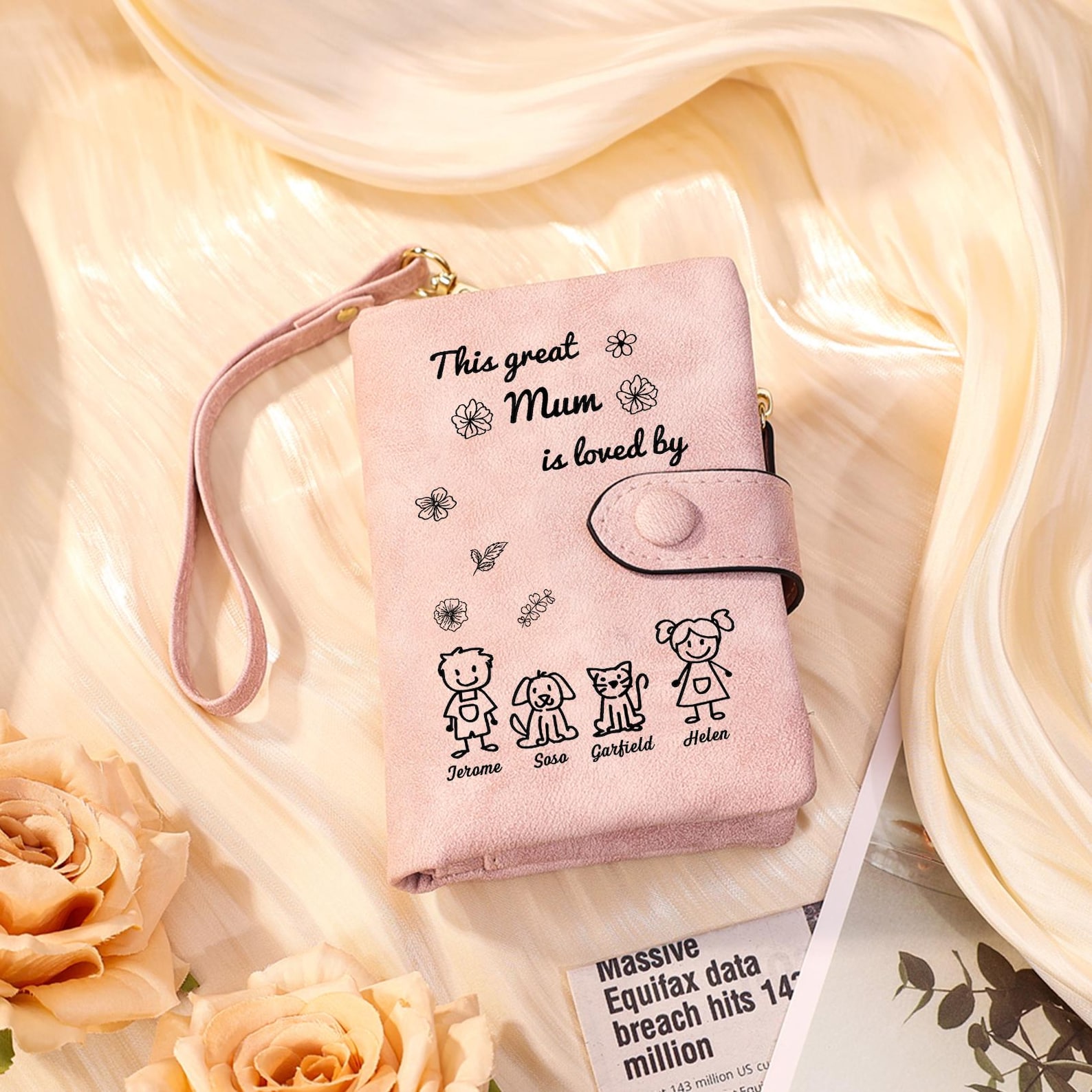 Personalized Illustrated Wallet with 1-4 Names, PU Leather Portable Card Holder Coin Purse with String, Mother's Day/Birthday Gift for Her/Mom/Grandma