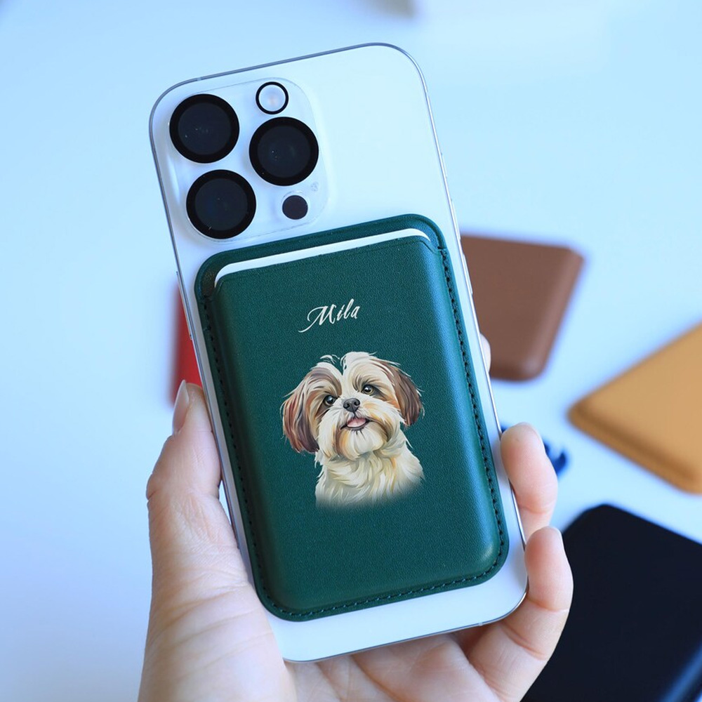 Personalized Pet Portrait MagSafe Wallet with Name, Leather Magnetic Card Holder for iPhone, Phone Case Accessory, Birthday Gift for Pet Lovers/Owners